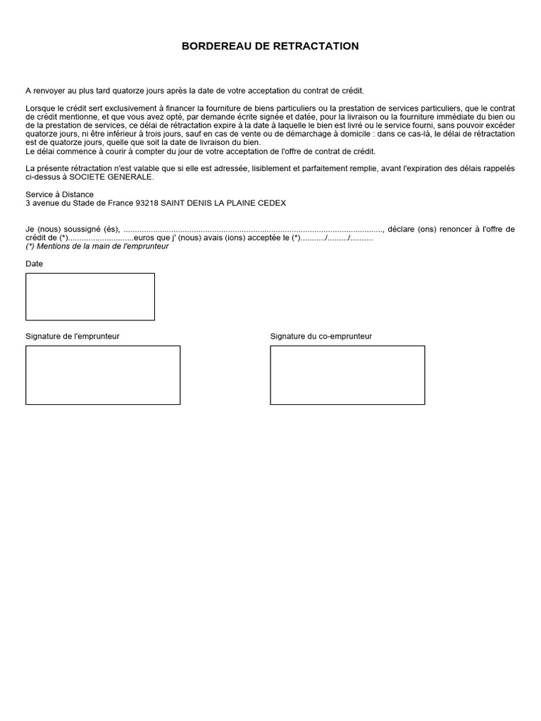 Bordereau de Rétractation | PDF