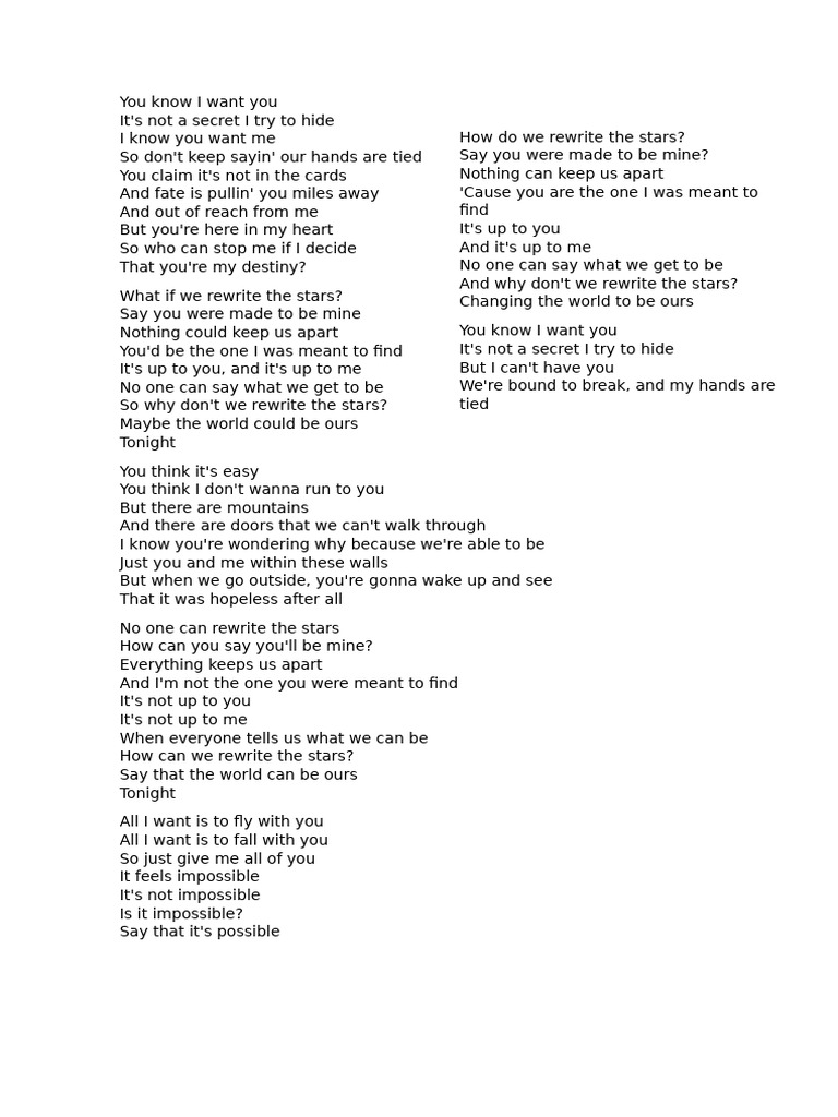 Rewrite the Stars Lyrics PDF | PDF