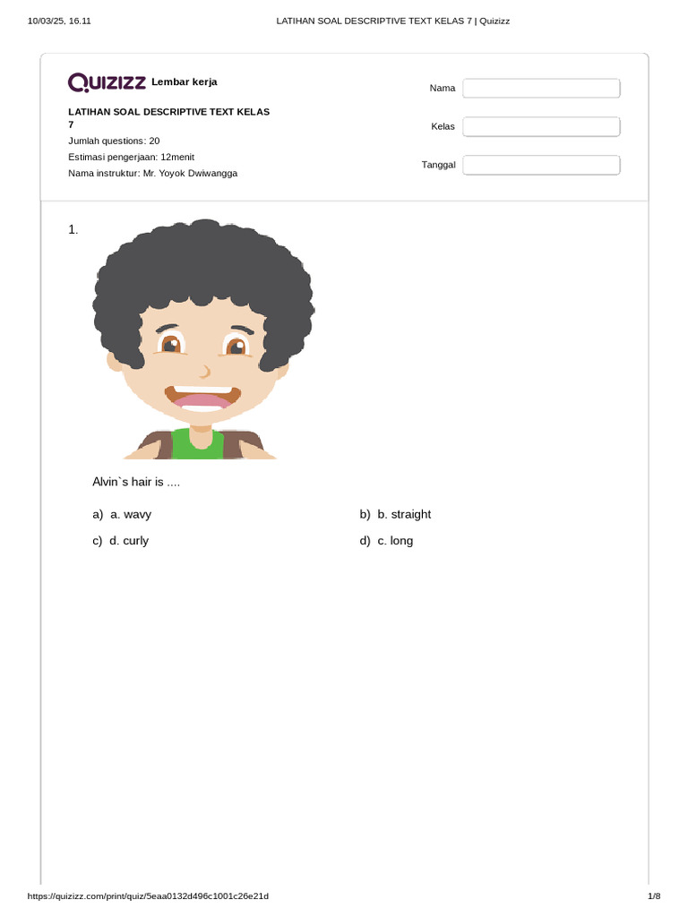 Latihan Soal Descriptive Text Kelas 7 | PDF | Classroom
