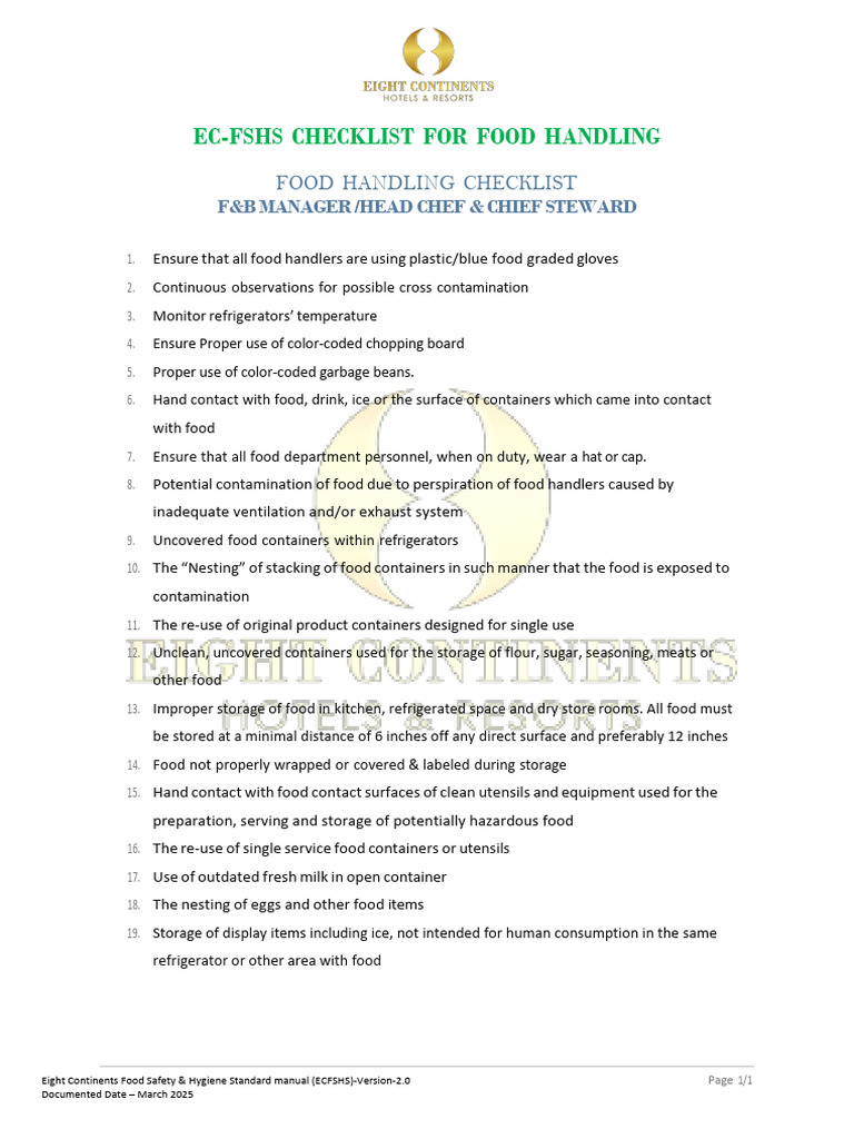 EC-FSHS Checklist Food-Handling F&B Manager & CHEF (A2) | PDF