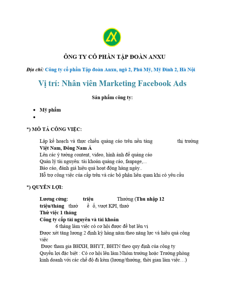 JD Nhân Viên MKT Facebook Ads | PDF