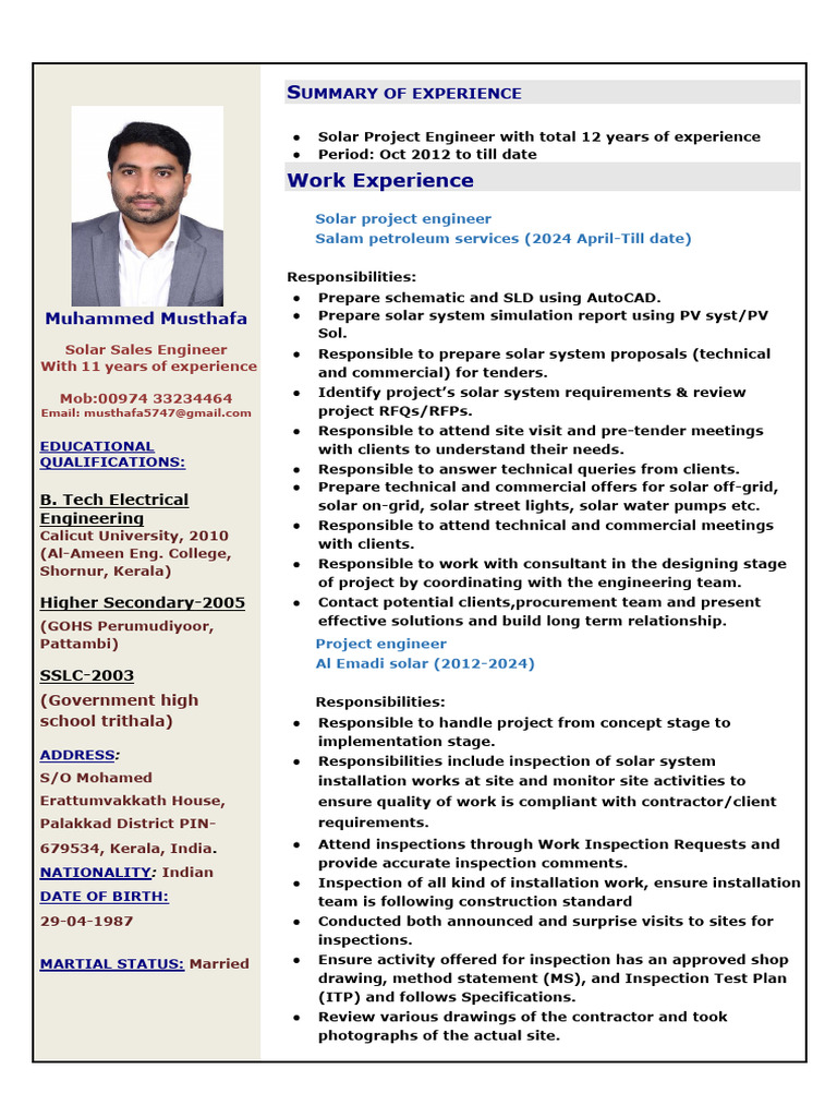 Muhammed Musthafa: Solar Engineer Profile | PDF