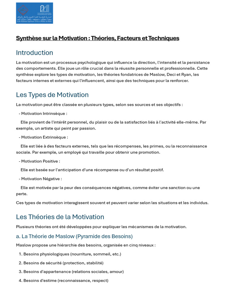 Synthèse sur la Motivation et ses Théories | PDF | Motivation | Motivant