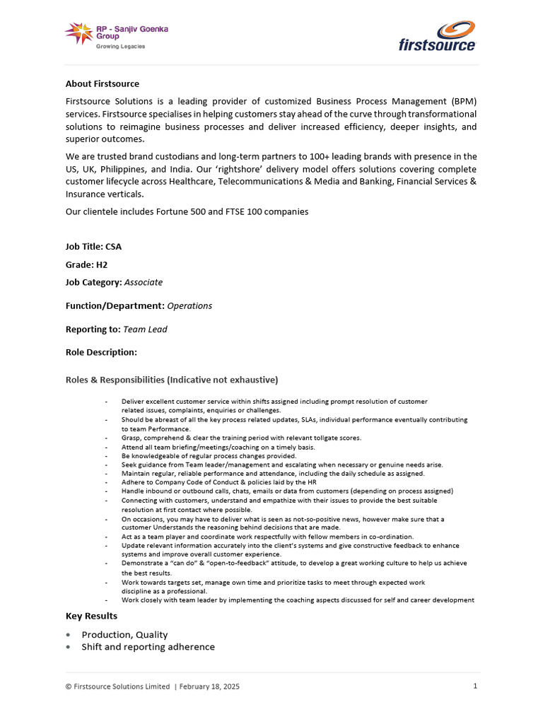 Firstsource CSA Role Overview and Responsibilities | PDF | Disciplines ...