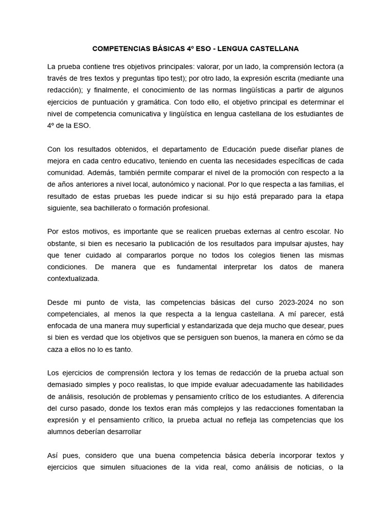 Evaluación de Competencias en Lengua 4º ESO | PDF | Comprensión lectora ...