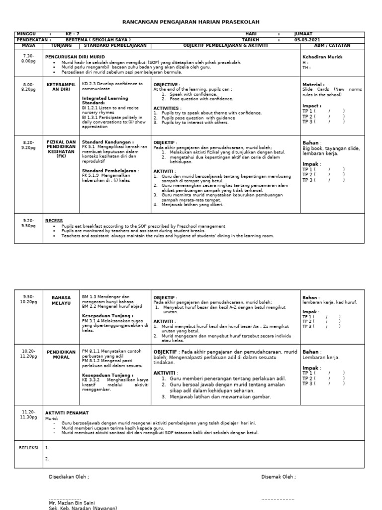Rancangan Pengajaran Harian Prasekolah | PDF