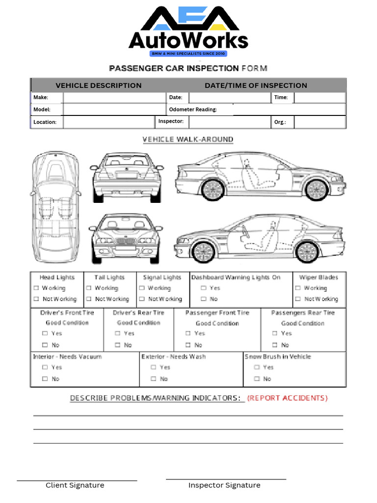 BMW Sedan Walk Around Inspection Sheet | PDF