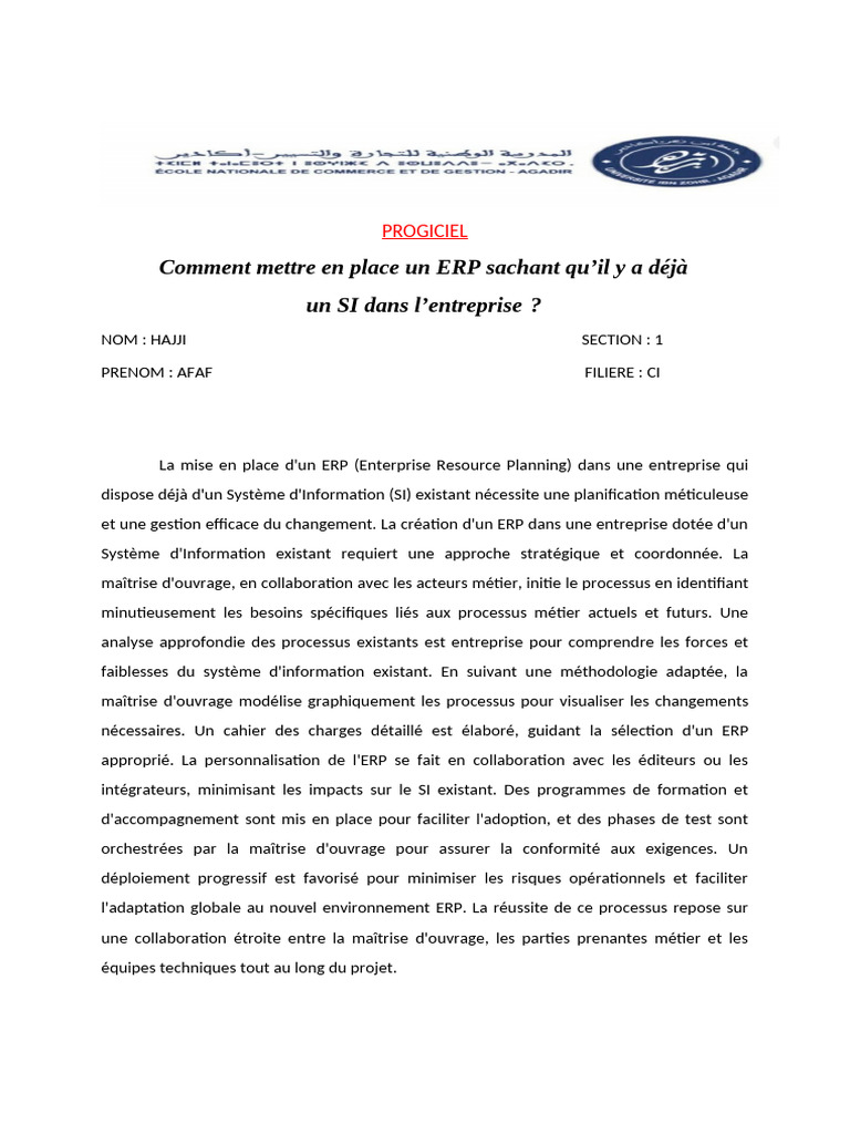 Intégration d'un ERP avec un SI existant | PDF