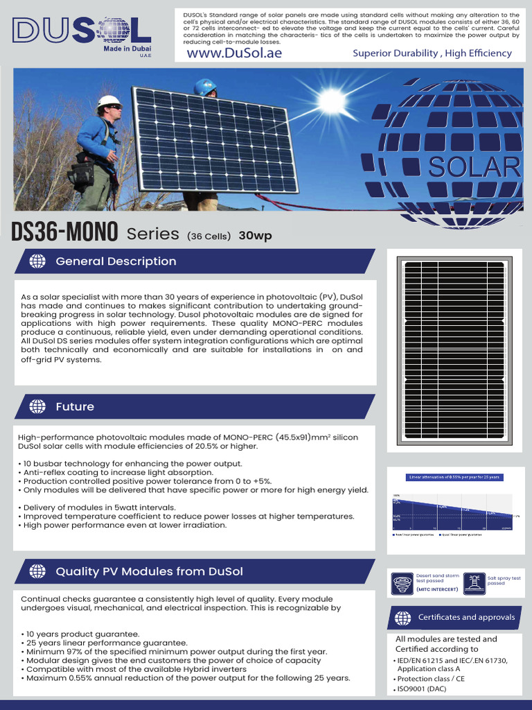 30W DuSol Solar Panel Specifications | PDF | Photovoltaics | Solar Panel