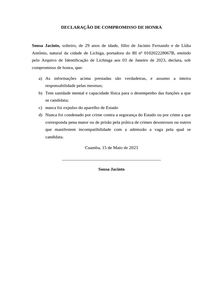 Declaração de Compromisso de Honra | PDF