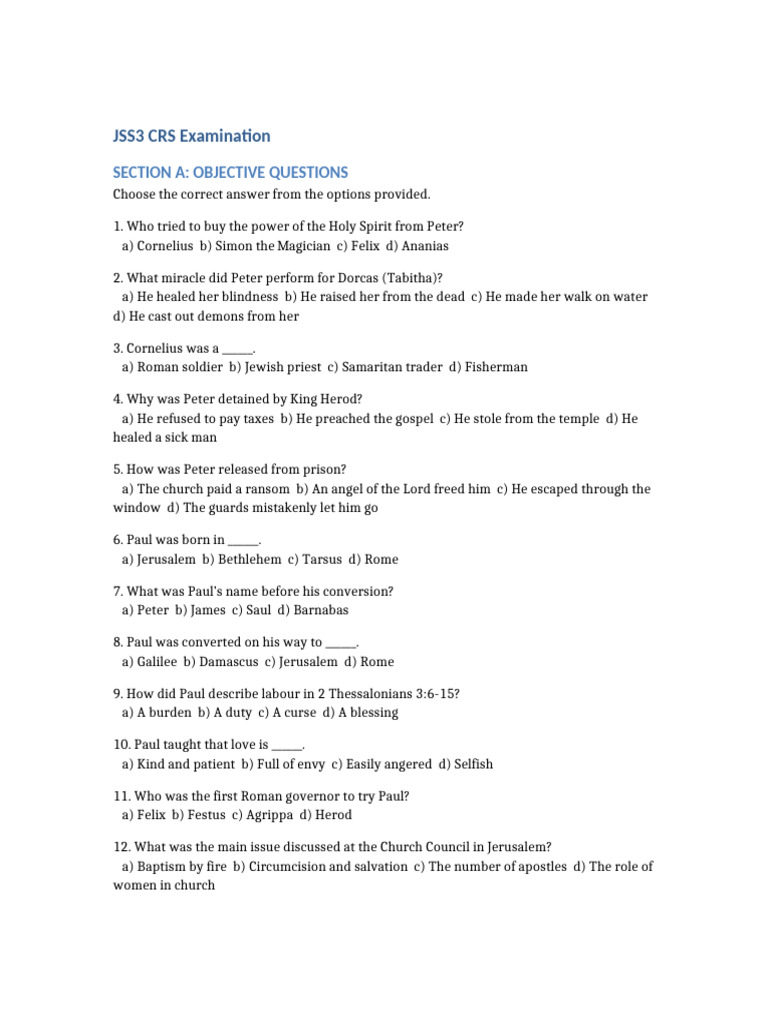 JSS3 CRS First Term Exam Questions | PDF | Paul The Apostle | Early ...