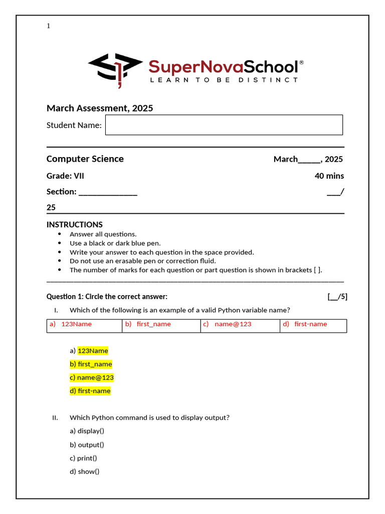 Computer Science March Assessment 2025 | PDF | Python (Programming ...