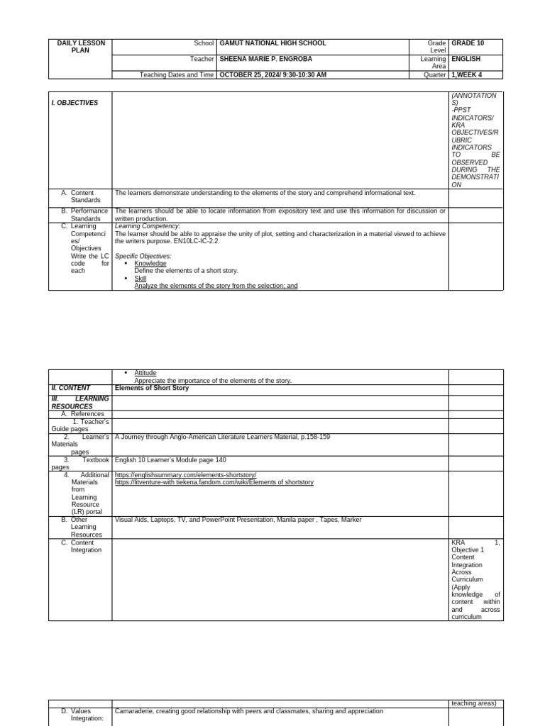 Elements of Short Story: Lesson Plan | PDF | Learning | Teachers