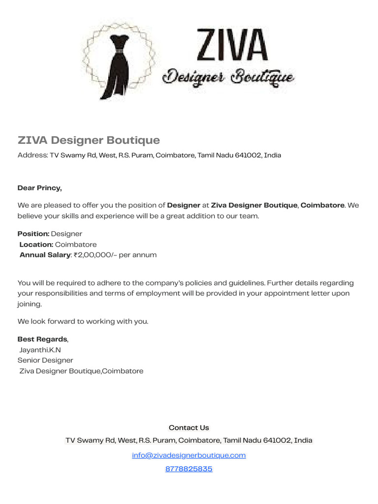 Designer Position Offer at Ziva Boutique | PDF