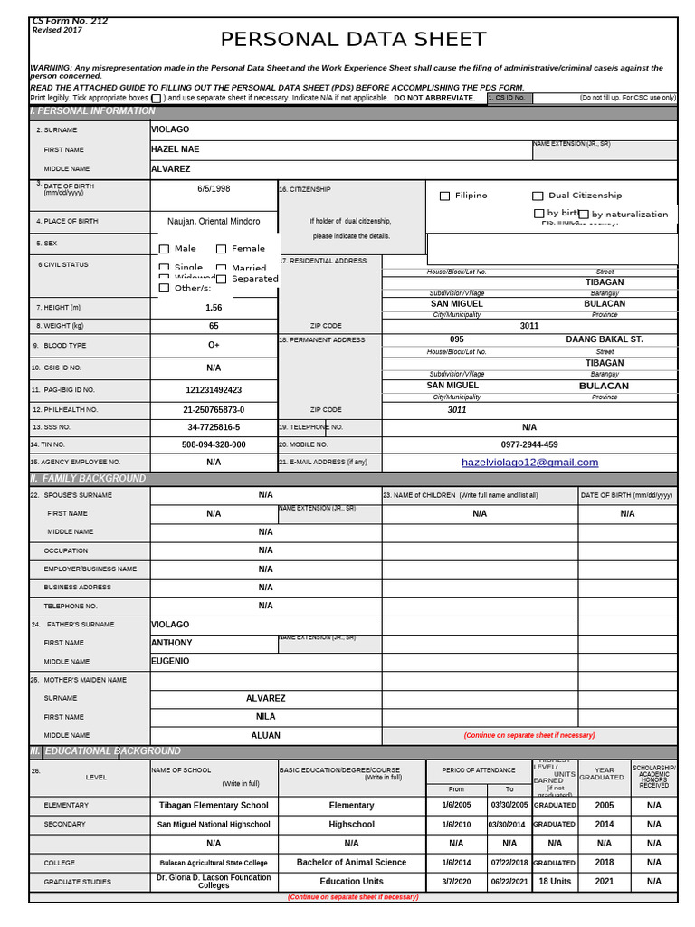 Personal Data Sheet CS Form No. 212 Revised 2017 (2) | PDF | Government