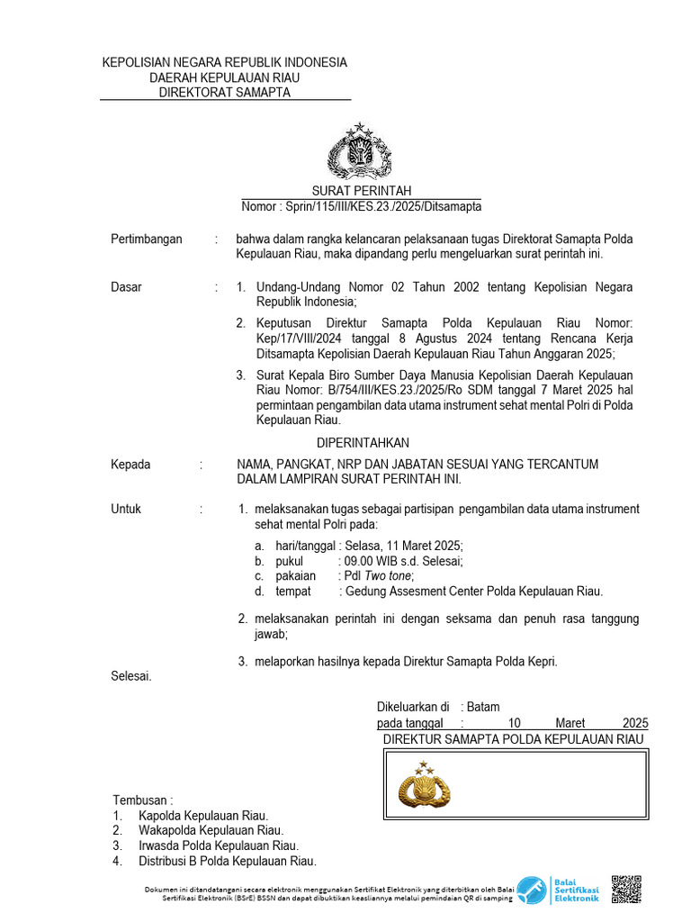 Sprin Partisipan Pengambilan Data Utama Instrumen Sehat Mental Polri | PDF