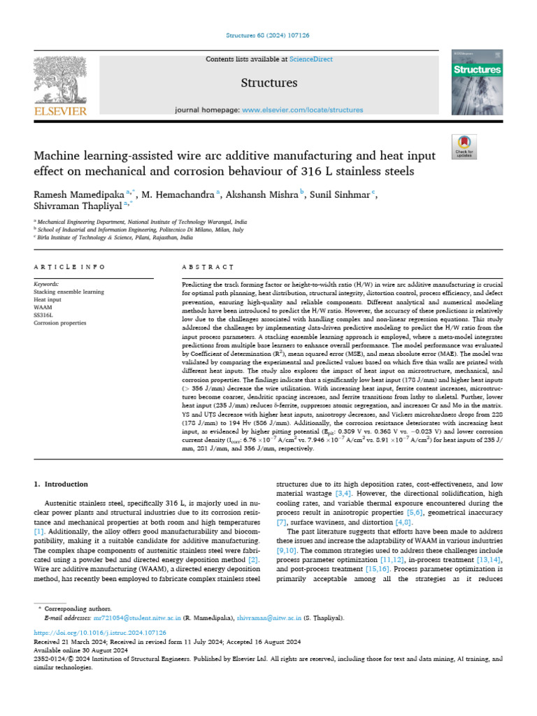 Machine Learning in WAAM for SS316L | PDF | Corrosion | Mean Squared Error