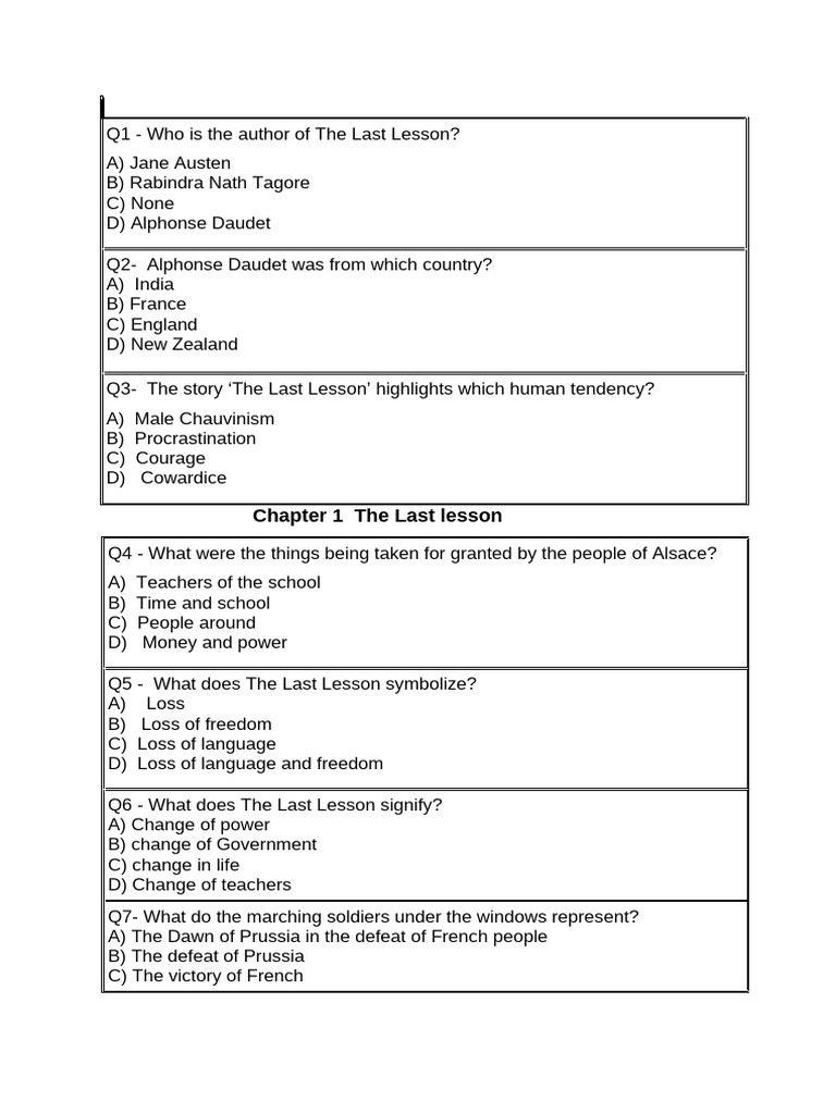 MCQs and Answers for The Last Lesson | PDF