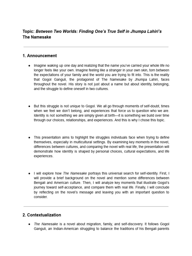 Identity Struggles in The Namesake | PDF | Social Psychology ...