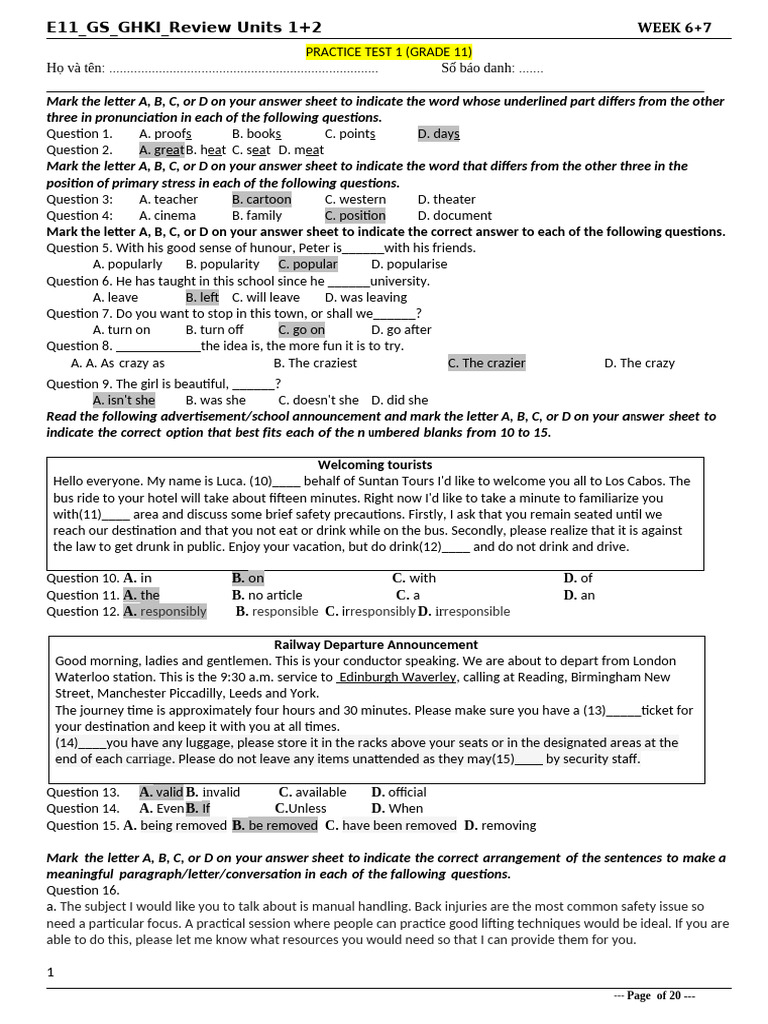 Grade 11 Practice Test Units 1-2 | PDF | Climate Change | Pain Management