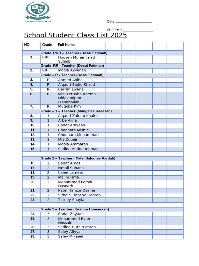 2025 Student Class List by Grade | PDF