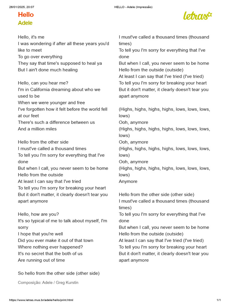 HELLO - Adele | PDF