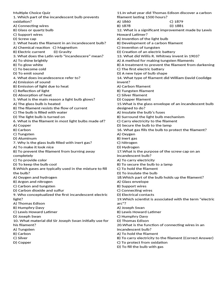 Incandescent Bulb Quiz: Test Your Knowledge | PDF | Incandescent Light ...