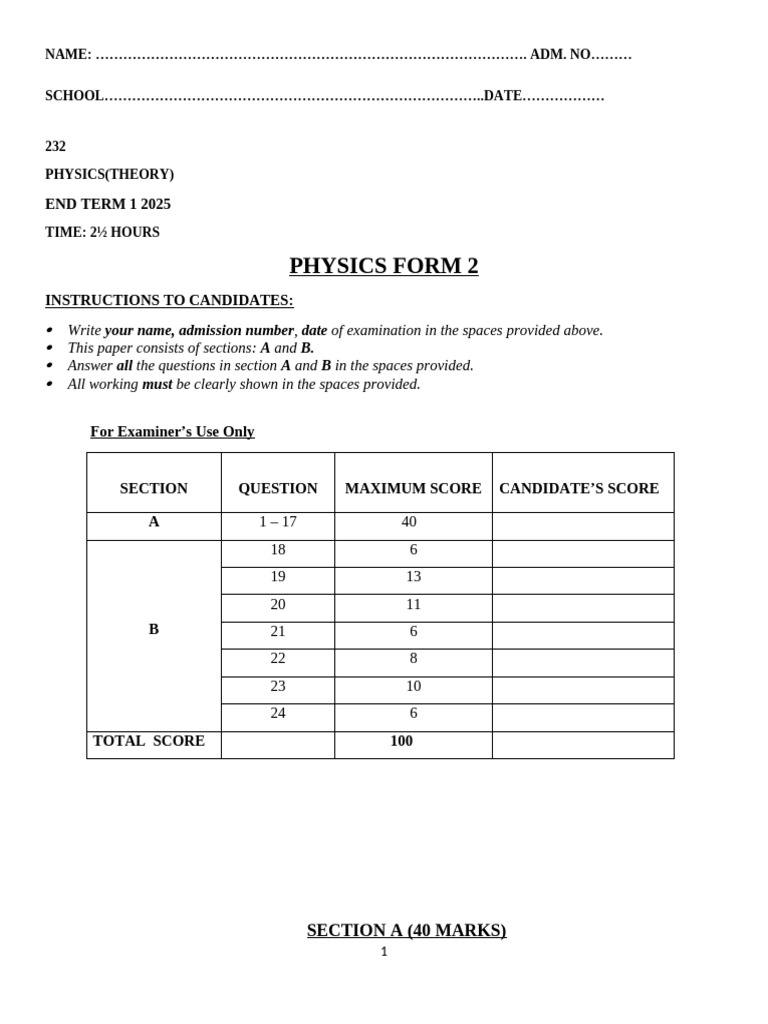 Physics Form 2 End Term Exam 2025 | PDF | Pressure | Physical Sciences