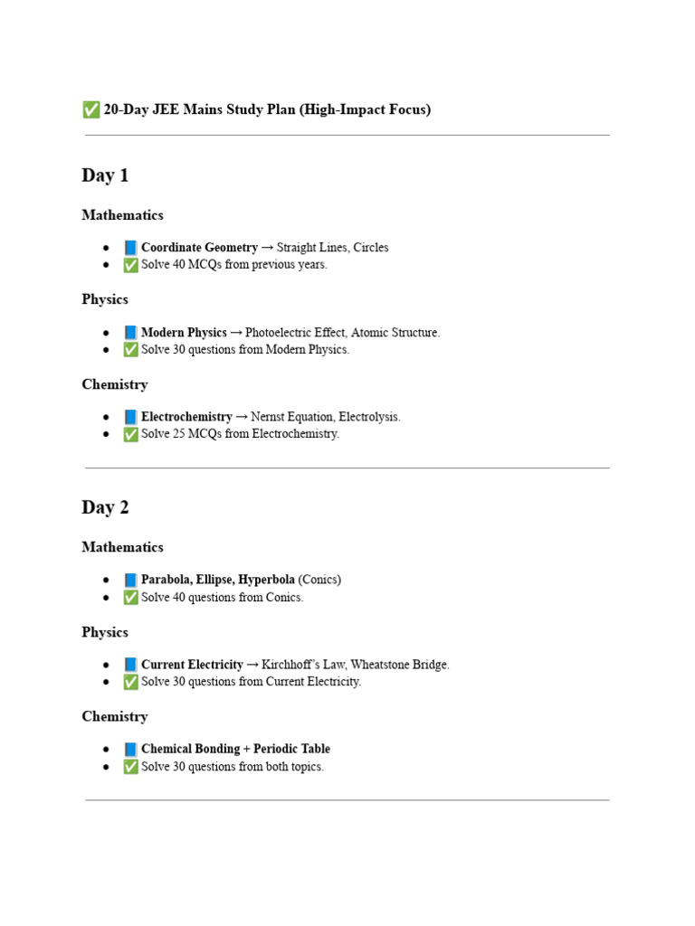 20 Day Jee Mains Study Schedule Pdf Chemistry Physics