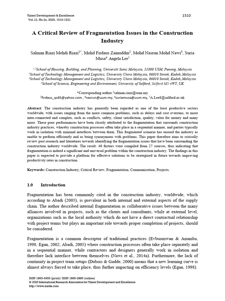 Fragmentation in Construction Industry | PDF | Supply Chain Management ...