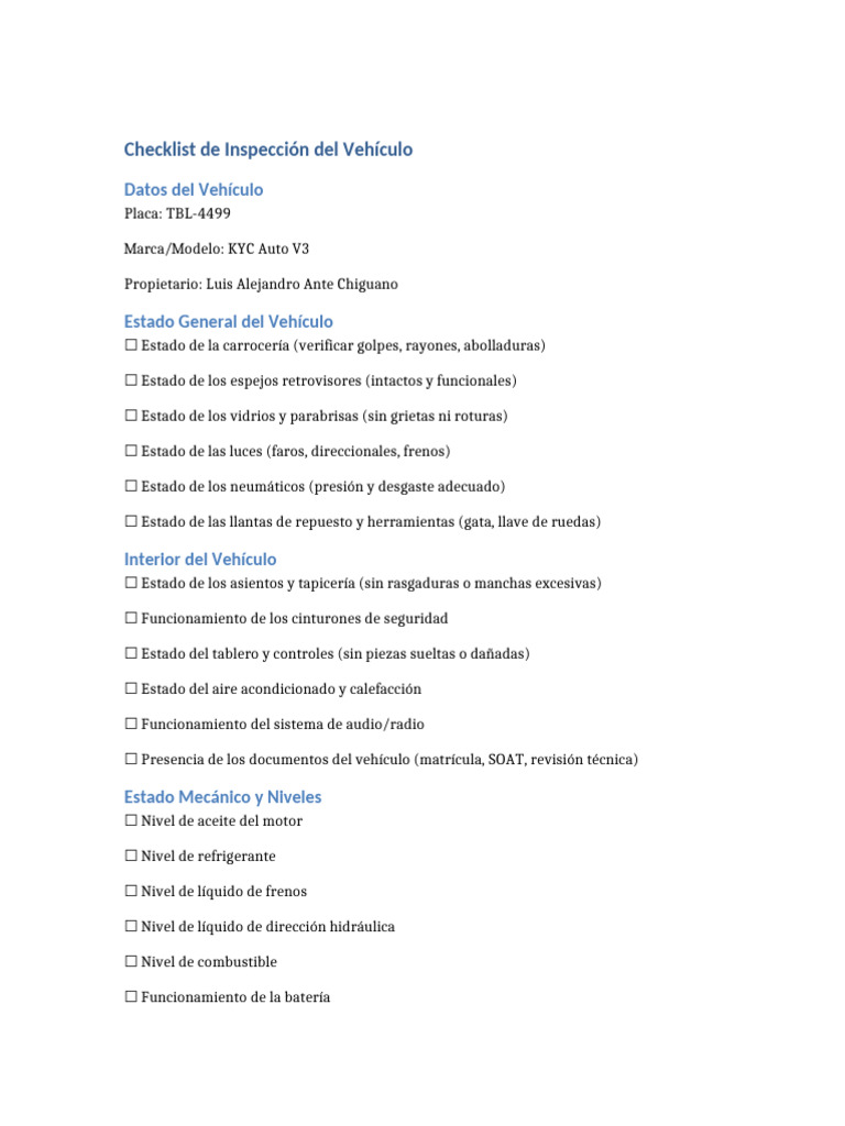 Formato de Inspección Vehicular en Word | PDF