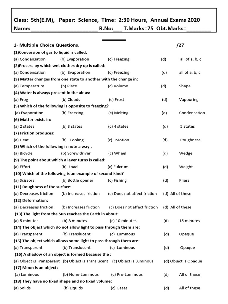 Science Paper For 5th Pdf Freezing Friction