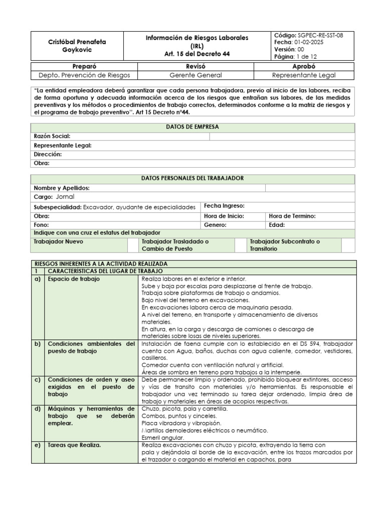 Formato IRL según DS 44 | PDF | Seguridad y salud ocupacional