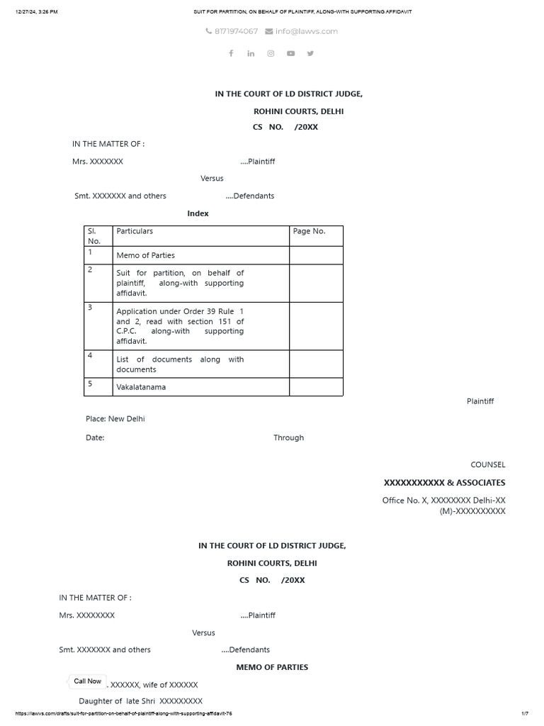 Partition Suit Document Template | PDF | Lawsuit | Affidavit