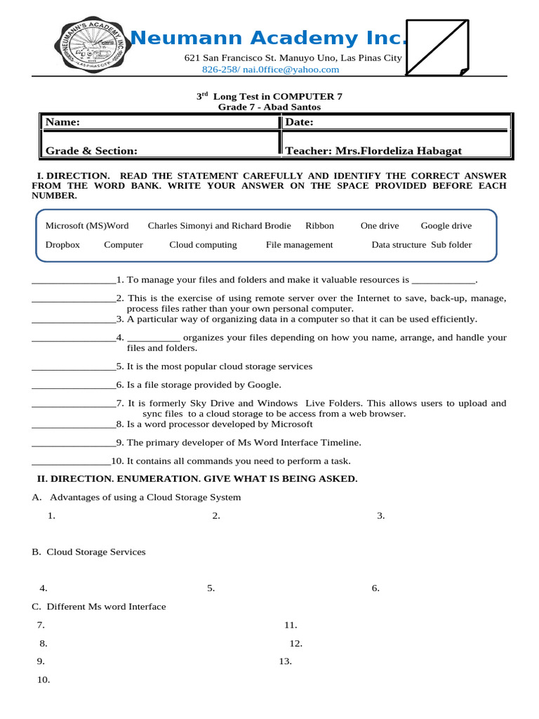 COMPUTER 3rd LONG TTEST | PDF | Computer File | Microsoft Word