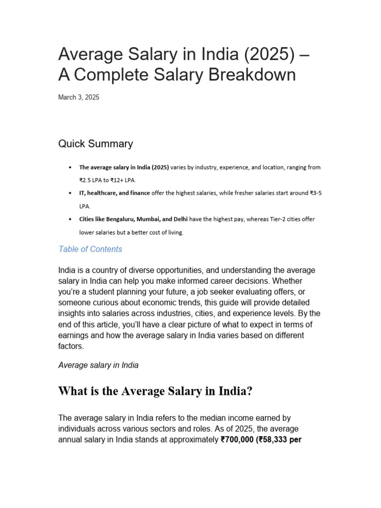 Average Salary in India 2025 Breakdown | PDF