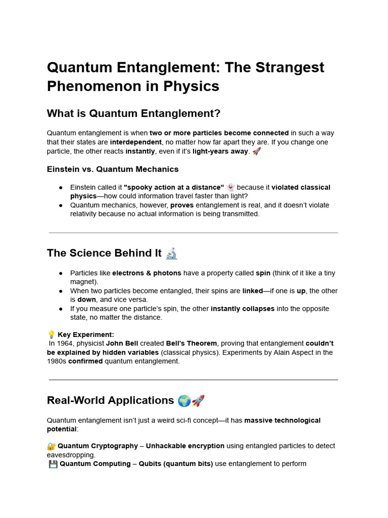 Quantum Entanglement - The Strangest Phenomenon in Physics | PDF ...