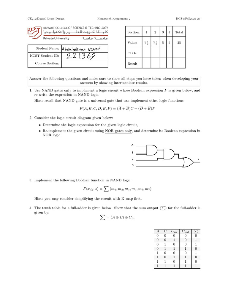 Digital Logic Design Homework 2 | PDF | Boolean Algebra | Teaching ...
