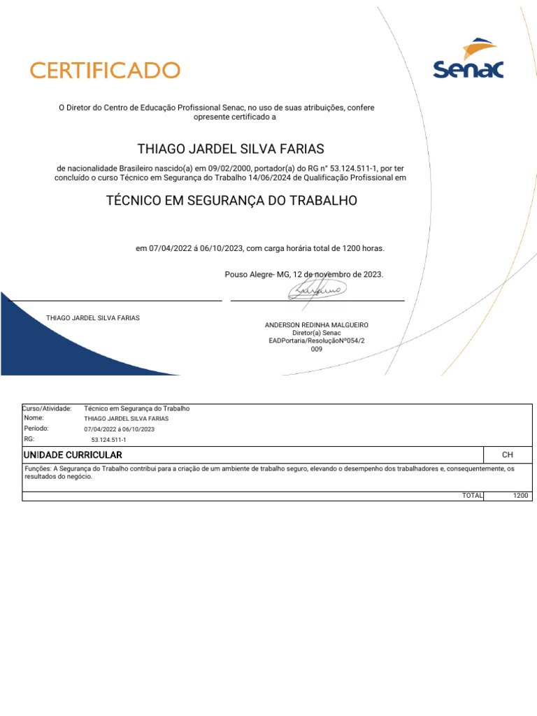 Certificado Técnico em Segurança do Trabalho | PDF