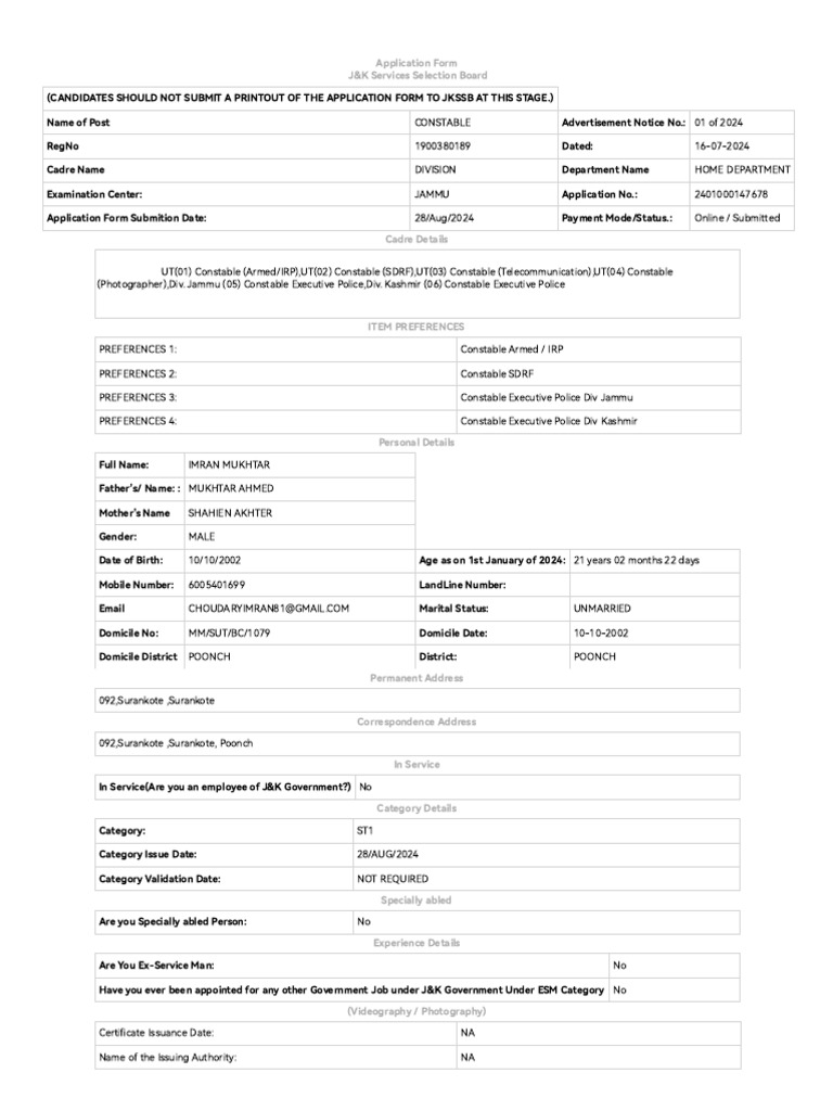 J&K Constable Application Form 2024 | PDF | Justice | Crime & Violence