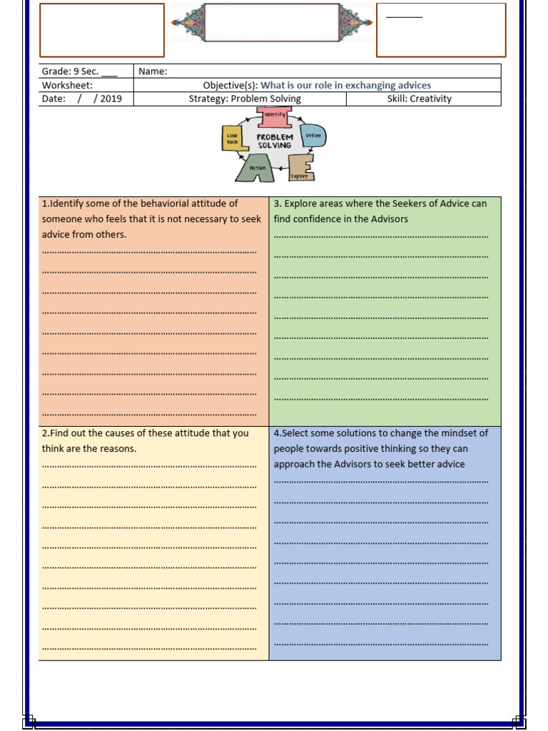 Problem Solving Worksheet 1 - Grade 9 - Naseeha | PDF | Intelligence ...