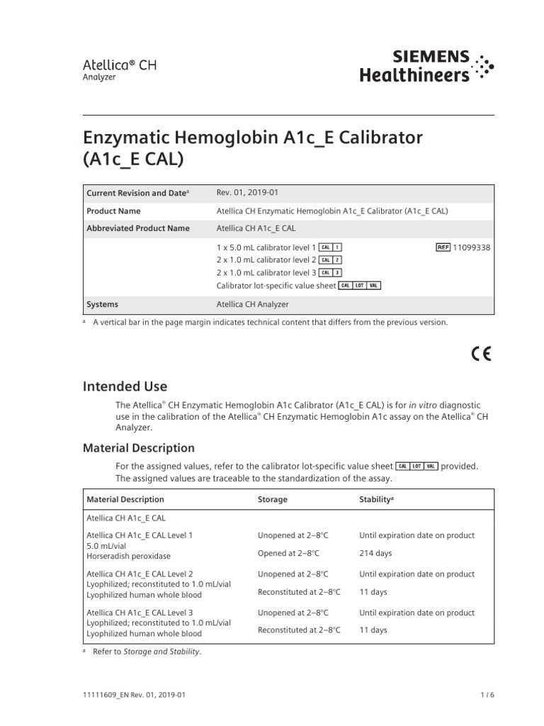 A1c e cal enzymatic hemoglobin a1c e calibrator 11099338 2019 01 rev