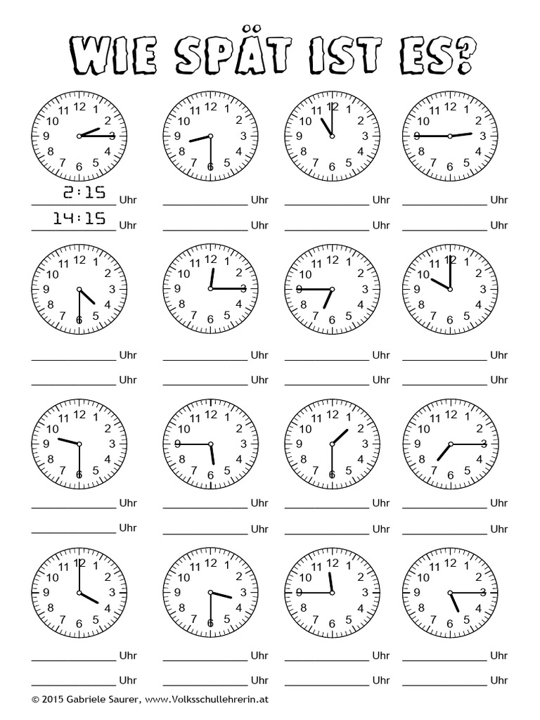 2015 Arbeitsblatt Uhrzeit Volksschule Ganze Halbe Viertel Stunde | PDF