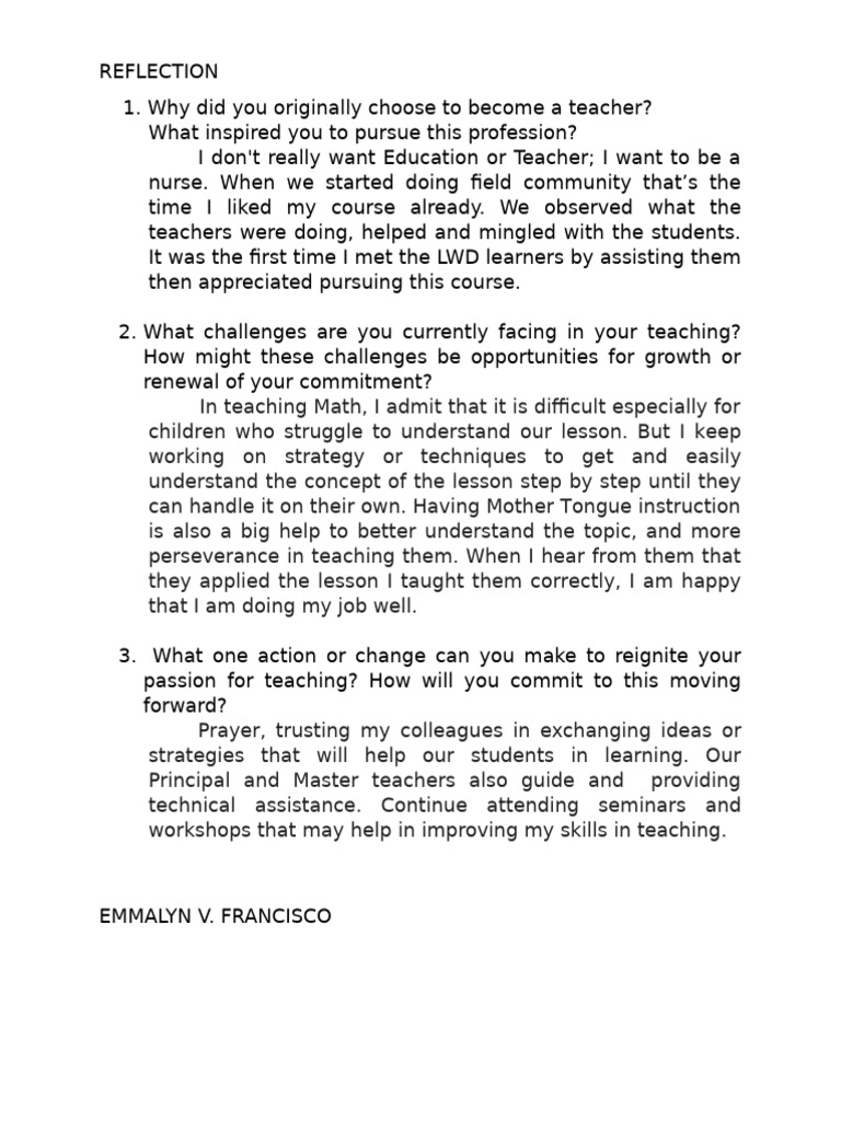 Teacher Reflection on Passion and Challenges | PDF