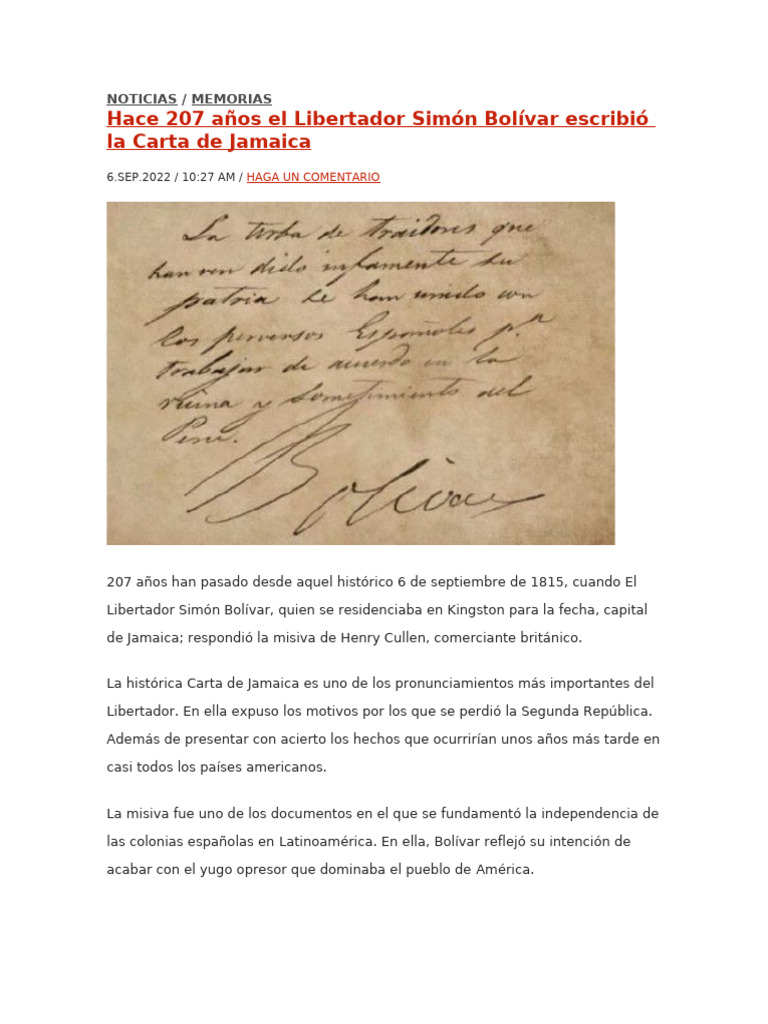 207 Años de la Carta de Jamaica | PDF