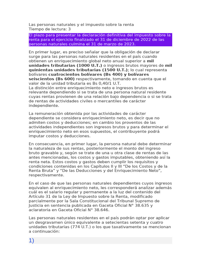 Impuesto sobre la Renta para Personas Naturales | PDF | Impuestos ...