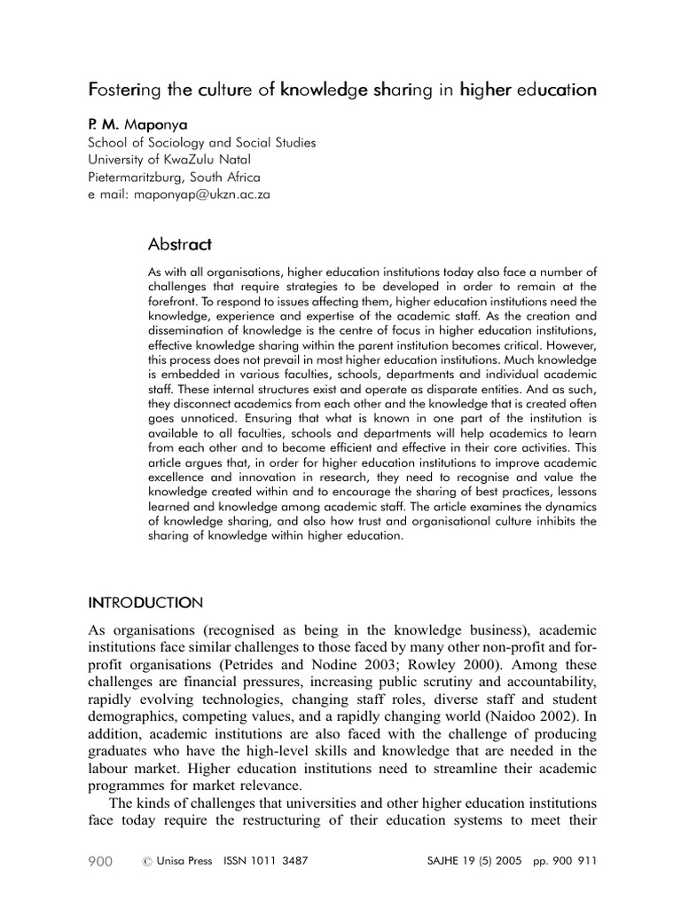 Maponya 2005 Fostering The Culture of Knowledge Sharing in Higher ...