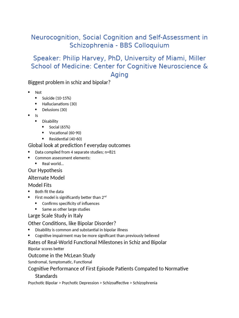 Neurocognition and Self-Assessment in Schizophrenia | PDF | Bipolar ...