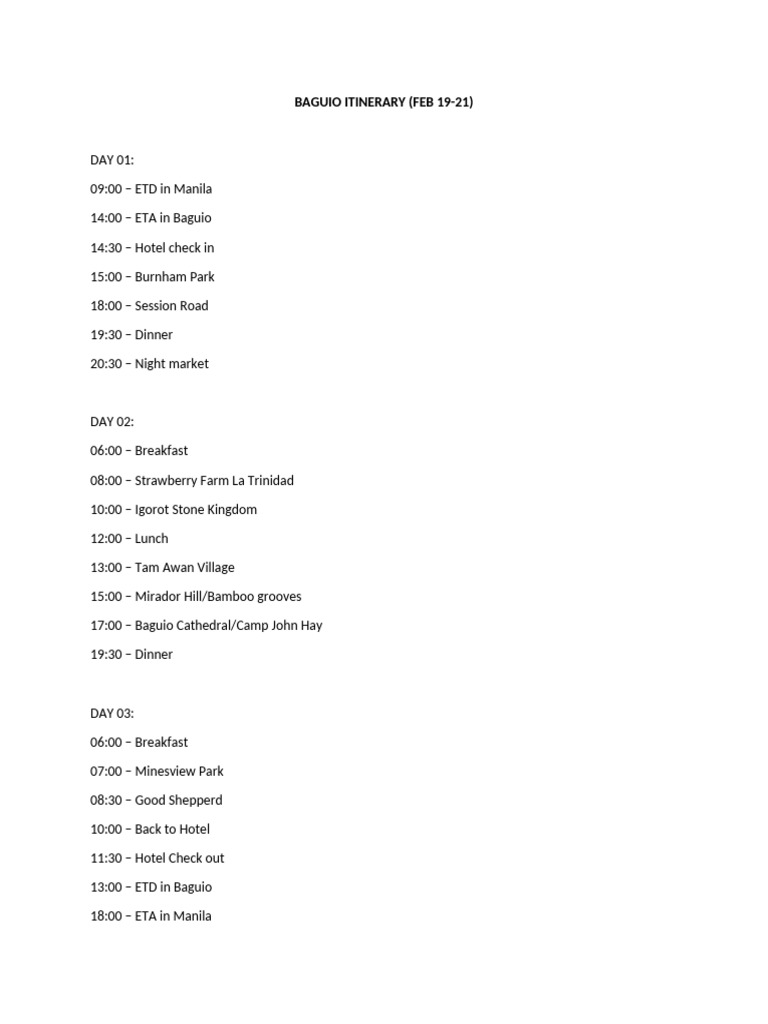Baguio Itinerary (Feb19-21) | PDF