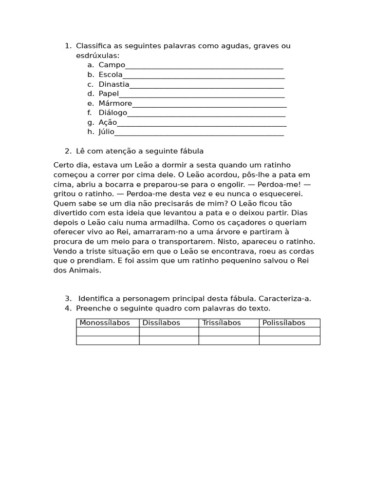 Classificação de Palavras e Fábula | PDF